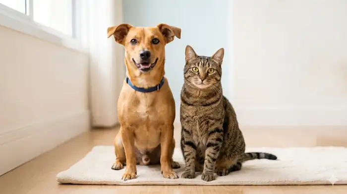 Cachorro caramelo e gato doméstico lado a lado